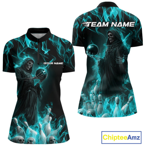 Custom Turquoise Blue Flame Grim Reaper Bowling Women Quarter-Zip Shirt, Halloween Outfit IPHW9733