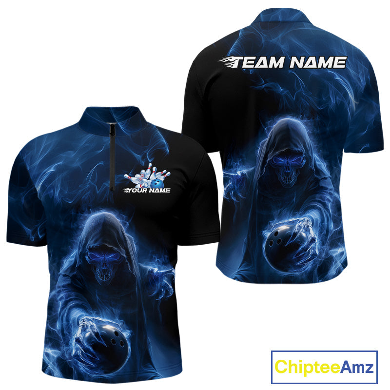 Custom Black And Blue Smoke Flame Grim Reaper Halloween Bowling Men Quarter-Zip Shirts IPHW9739