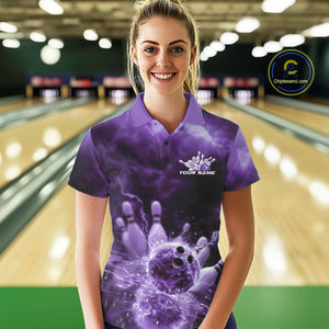 Custom Purple Thunder Lightning Bowling Team Women Polo Shirts, Bowling Jerseys IPHW9748