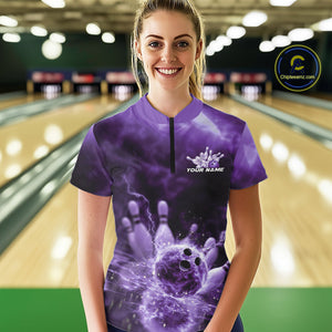 Custom Purple Thunder Lightning Bowling Team Women Quarter-Zip Shirts, Bowling Jerseys IPHW9748