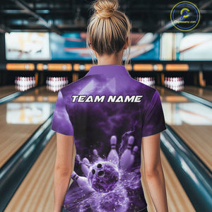Custom Purple Thunder Lightning Bowling Team Women Quarter-Zip Shirts, Bowling Jerseys IPHW9748