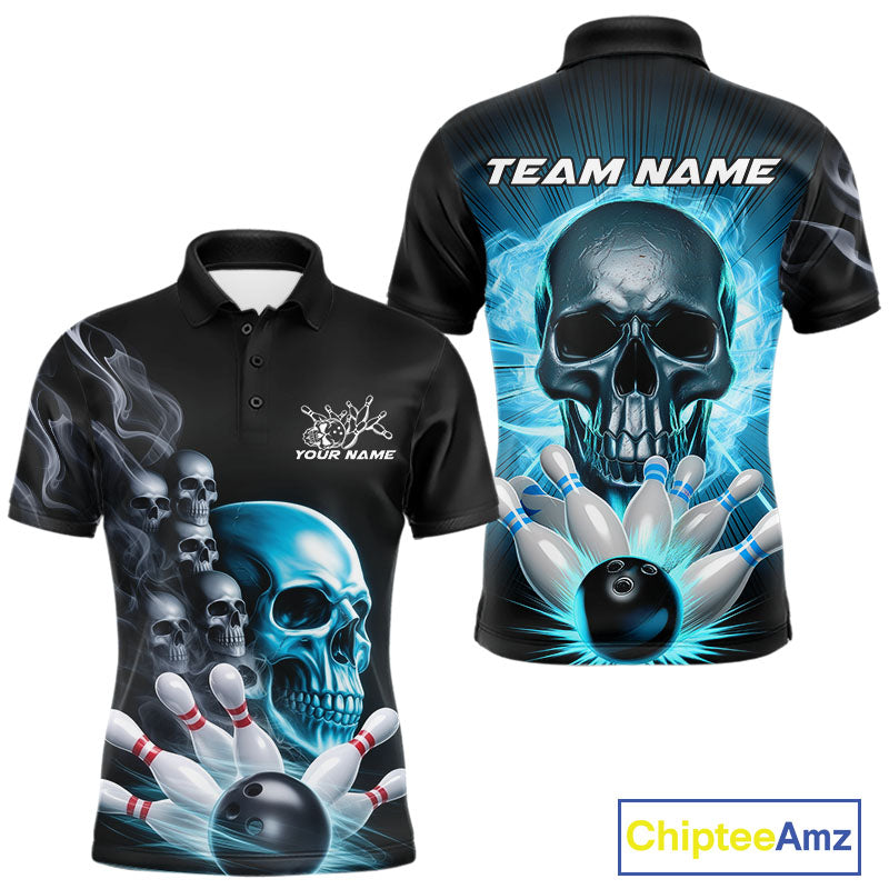 Custom Blue Glowing Ghostly Skull Bowling Polo Shirts For Men, Halloween Bowlers Outfit IPHW9515