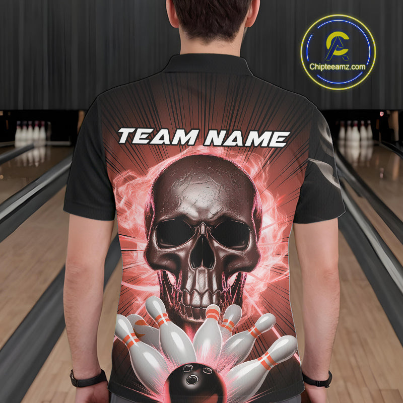 Custom Red Glowing Ghostly Skull Bowling Polo Shirts For Men, Halloween Bowlers Outfit IPHW9516