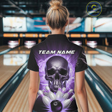 Load image into Gallery viewer, Custom Purple Glowing Ghostly Skull Bowling Women Polo Shirt, Halloween Bowlers Outfit IPHW9517