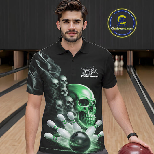 Custom Green Glowing Ghostly Skull Bowling Polo Shirts For Men, Halloween Bowlers Outfit IPHW9518