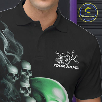 Custom Green Glowing Ghostly Skull Bowling Polo Shirts For Men, Halloween Bowlers Outfit IPHW9518