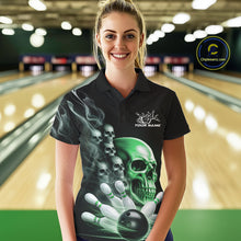 Load image into Gallery viewer, Custom Green Glowing Ghostly Skull Bowling Women Polo Shirt, Halloween Bowlers Outfit IPHW9518