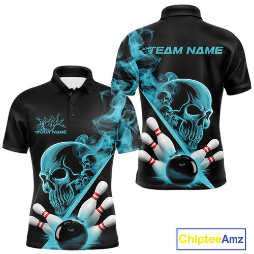 Custom Blue Smoke Skull Men Bowling Team Polo Shirts, Hallowen Bowlers Jerseys IPHW9523