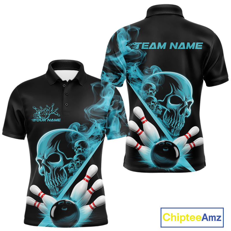 Custom Blue Smoke Skull Men Bowling Team Polo Shirts, Hallowen Bowlers Jerseys IPHW9523