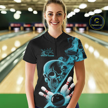 Load image into Gallery viewer, Custom Blue Smoke Skull Women Bowling Team Quarter-Zip Shirts, Hallowen Bowlers Jerseys IPHW9523