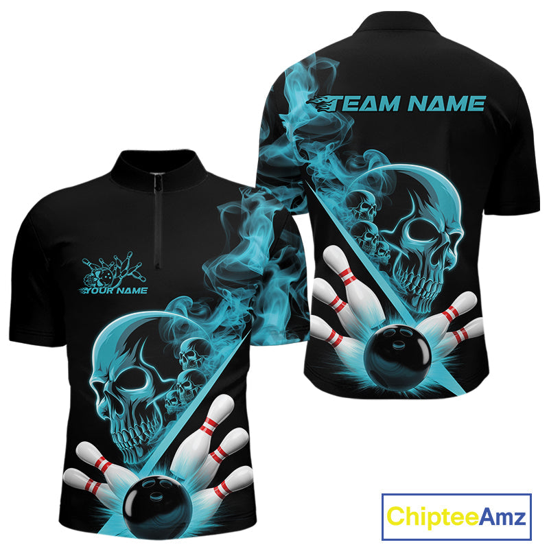 Custom Blue Smoke Skull Men Bowling Team Quarter-Zip Shirts, Hallowen Bowlers Jerseys IPHW9523