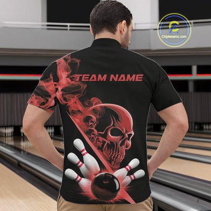 Custom Red Smoke Skull Men Bowling Team Quarter-Zip Shirts, Hallowen Bowlers Jerseys IPHW9524