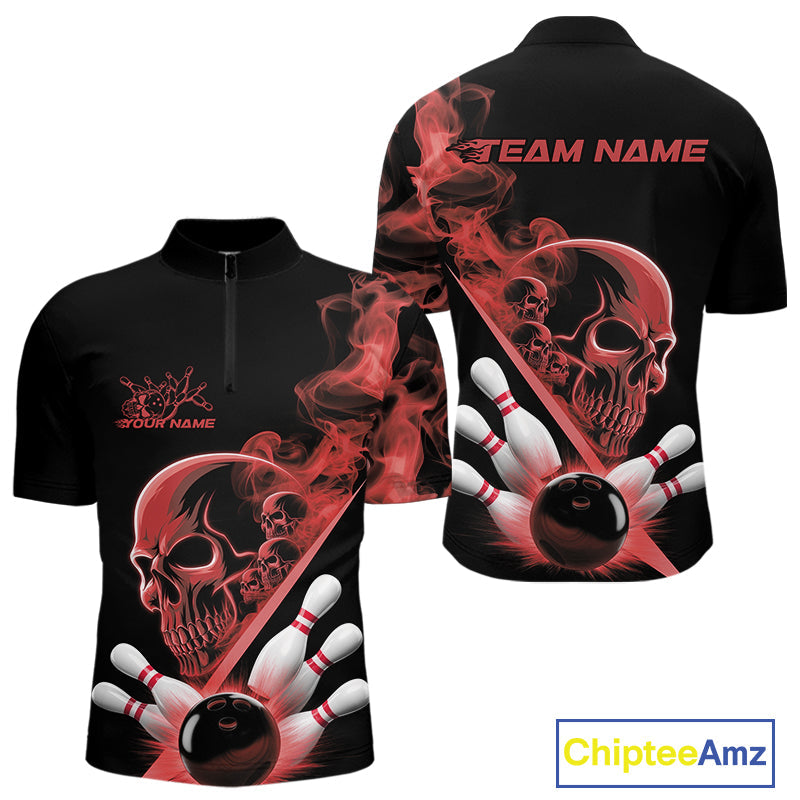 Custom Red Smoke Skull Men Bowling Team Quarter-Zip Shirts, Hallowen Bowlers Jerseys IPHW9524