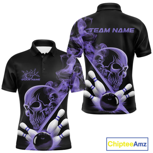 Custom Purple Smoke Skull Men Bowling Team Polo Shirts, Hallowen Bowlers Jerseys IPHW9525