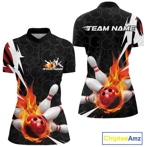 Custom Fiery Red Bowling Women Quarter-Zip Shirts, Inferno Flame Bowling League Shirt IPHW9526