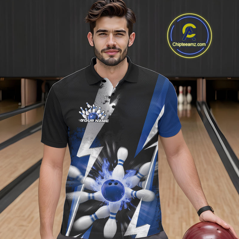 Custom Fiery Blue Bowling Men Polo Team Shirts, Fire Flame Bowling Jerseys Bowler Outfit IPHW9530