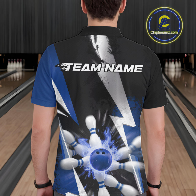 Custom Fiery Blue Bowling Men Polo Team Shirts, Fire Flame Bowling Jerseys Bowler Outfit IPHW9530