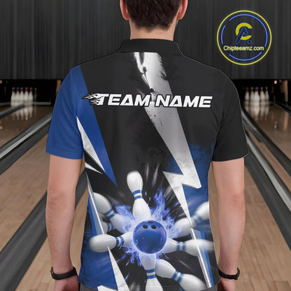 Custom Fiery Blue Bowling Men Polo Team Shirts, Fire Flame Bowling Jerseys Bowler Outfit IPHW9530