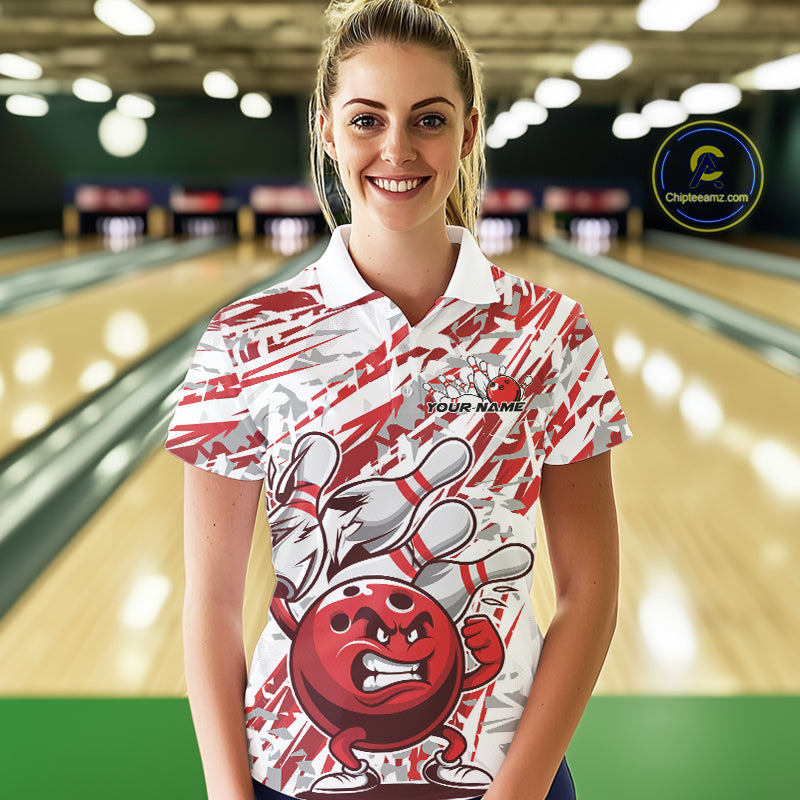 Red Camo Custom Funny Bowling Polo Shirts For Women, Bowling Team Tournament Shirt IPHW9397