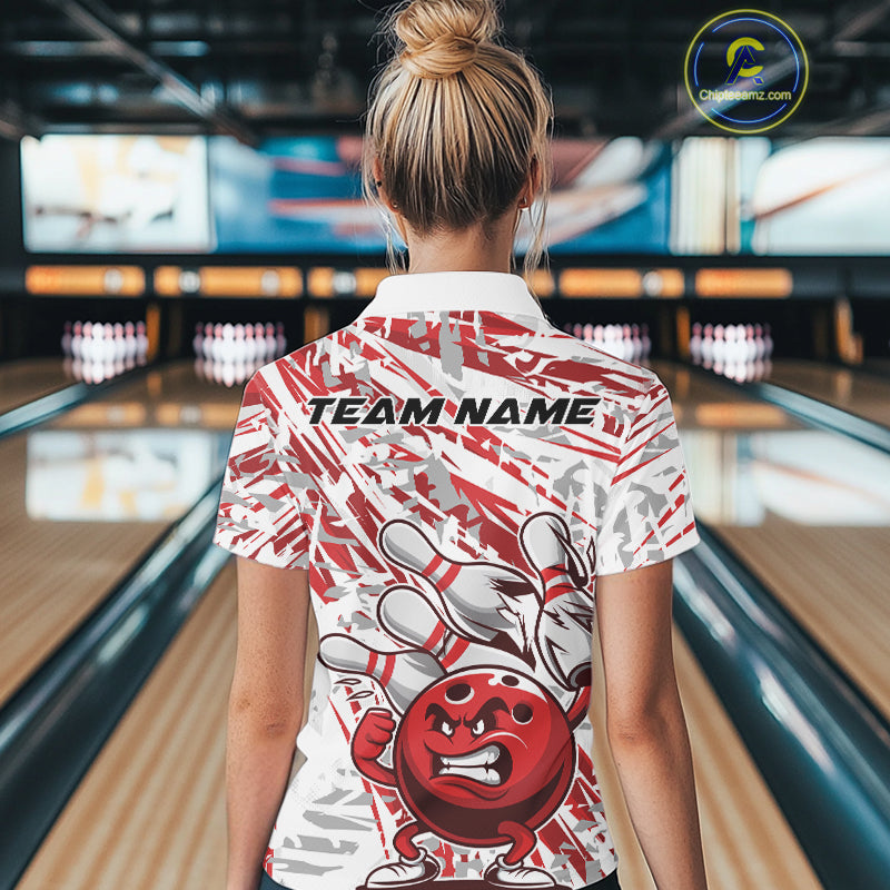 Red Camo Custom Funny Bowling Polo Shirts For Women, Bowling Team Tournament Shirt IPHW9397
