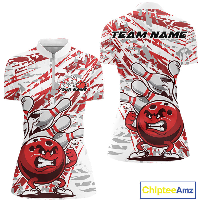 Red Camo Custom Funny Bowling Women Quarter-Zip Shirts, Bowling Team Tournament Shirt IPHW9397