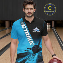 Load image into Gallery viewer, Custom Black And Blue Strike Bowling Polo Shirts For Men, Bowling Team Uniform IPHW9552