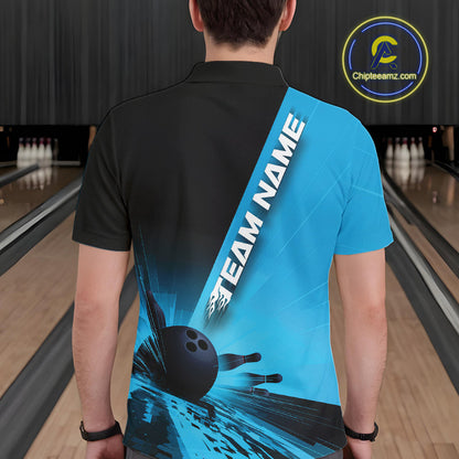 Custom Black And Blue Strike Bowling Polo Shirts For Men, Bowling Team Uniform IPHW9552
