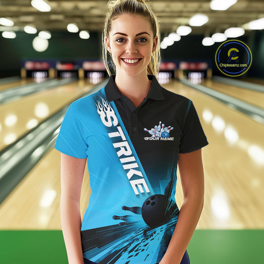 Custom Black And Blue Strike Bowling Polo Shirts For Women, Bowling Team Uniform IPHW9552