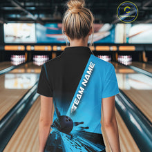 Load image into Gallery viewer, Custom Black And Blue Strike Bowling Polo Shirts For Women, Bowling Team Uniform IPHW9552