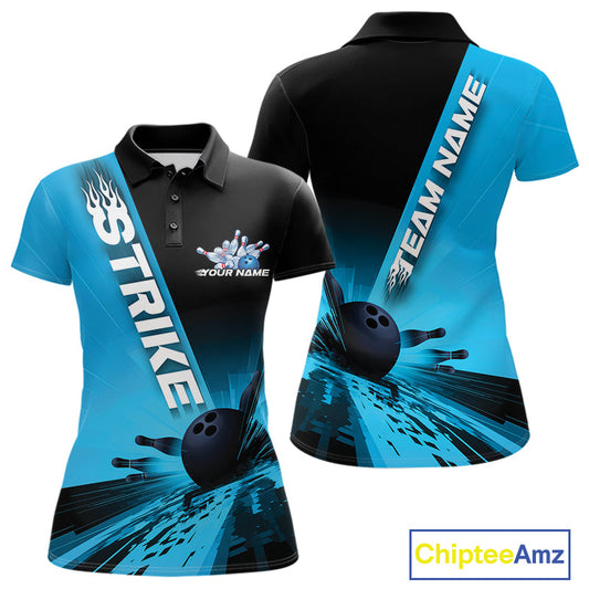 Custom Black And Blue Strike Bowling Polo Shirts For Women, Bowling Team Uniform IPHW9552
