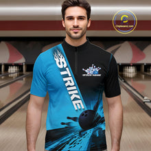 Load image into Gallery viewer, Custom Black And Blue Strike Bowling Quarter-Zip Shirts For Men, Bowling Team Uniform IPHW9552