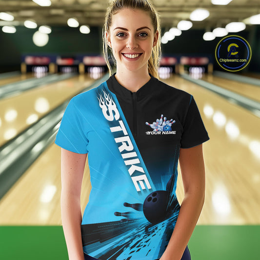 Custom Black And Blue Strike Bowling Quarter-Zip Shirts For Women, Bowling Team Uniform IPHW9552