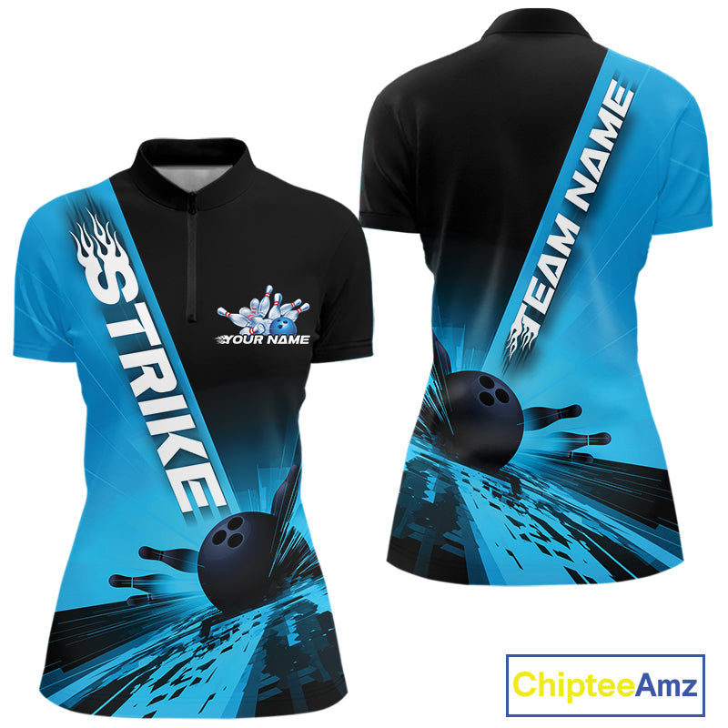 Custom Black And Blue Strike Bowling Quarter-Zip Shirts For Women, Bowling Team Uniform IPHW9552
