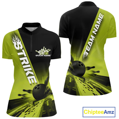 Custom Black And Green Strike Bowling Quarter-Zip Shirts For Women, Bowling Team Uniform IPHW9553