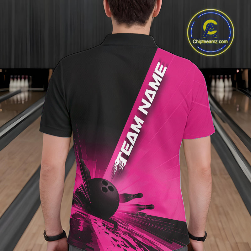 Custom Black And Pink Strike Bowling Polo Shirts For Men, Bowling Team Uniform IPHW9554