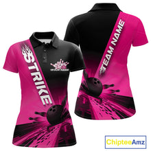 Load image into Gallery viewer, Custom Black And Pink Strike Bowling Polo Shirts For Women, Bowling Team Uniform IPHW9554