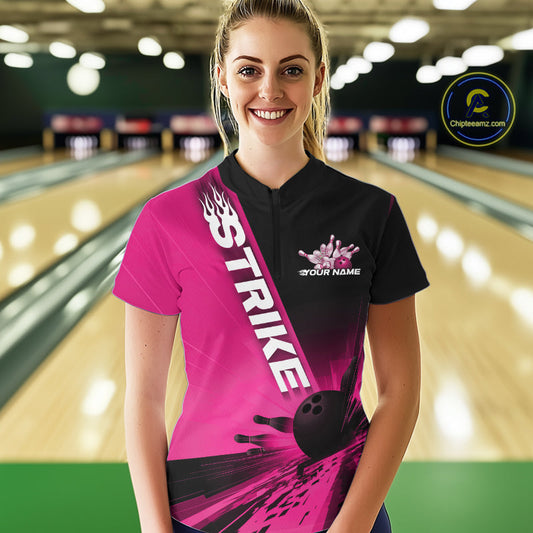 Custom Black And Pink Strike Bowling Quarter-Zip Shirts For Women, Bowling Team Uniform IPHW9554