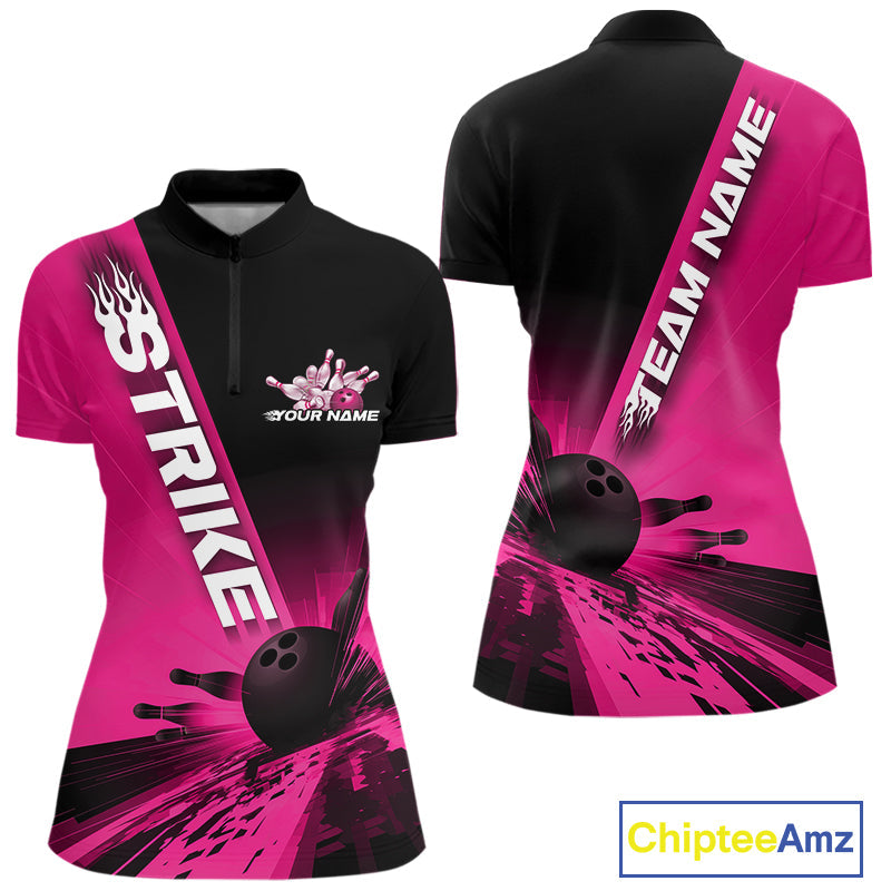 Custom Black And Pink Strike Bowling Quarter-Zip Shirts For Women, Bowling Team Uniform IPHW9554