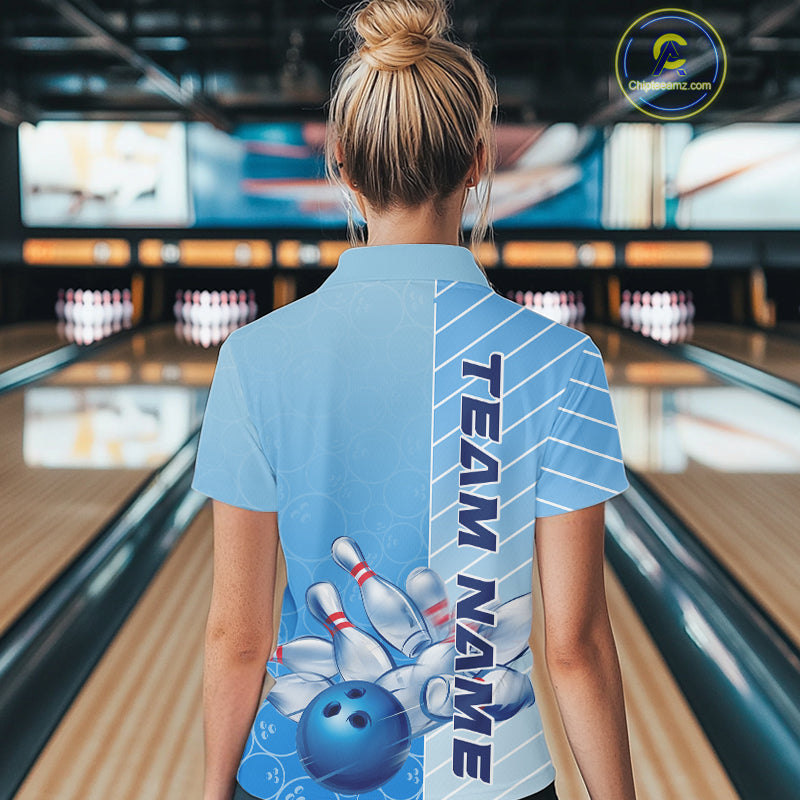 Custom Gradient Blue Bowling Pattern Team Polo Shirts For Women, Bowling Tournament Shirt IPHW9406