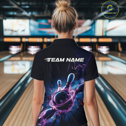 Custom Galaxy Blue And Purple Flame Bowling Women Quarter-Zip Shirt, Bowling Uniform IPHW9568