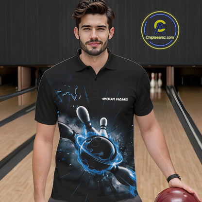 Custom Galaxy Blue Flame Bowling Polo Shirt For Men, Bowling League Team Uniform IPHW9570