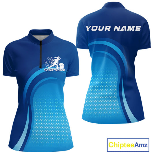 Custom Blue Bowling Team Women Quarter-Zip Shirt, Bowling Tournament Bowling League Shirt IPHW9236