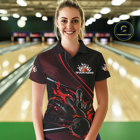 Custom Black And Red Fire Flame Bowling Team Women Polo Shirts, Bowling Jerseys IPHW9418