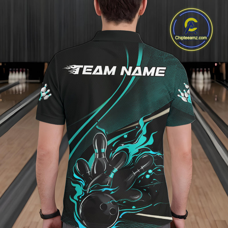 Custom Black And Blue Fire Flame Bowling Team Men Polo Shirts, Bowling Jerseys IPHW9419