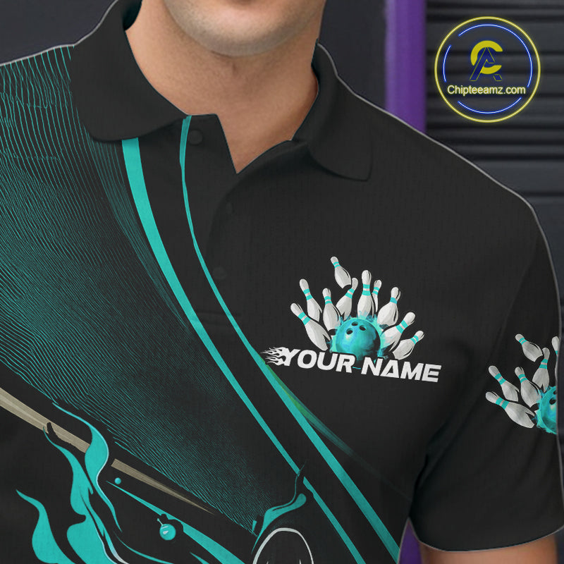 Custom Black And Blue Fire Flame Bowling Team Men Polo Shirts, Bowling Jerseys IPHW9419