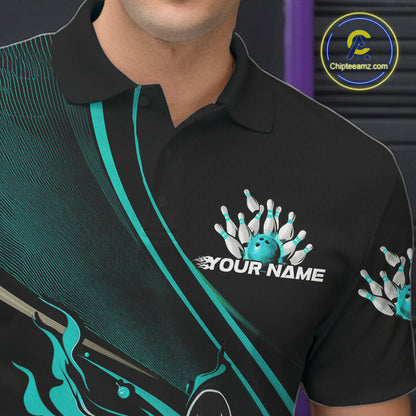 Custom Black And Blue Fire Flame Bowling Team Men Polo Shirts, Bowling Jerseys IPHW9419