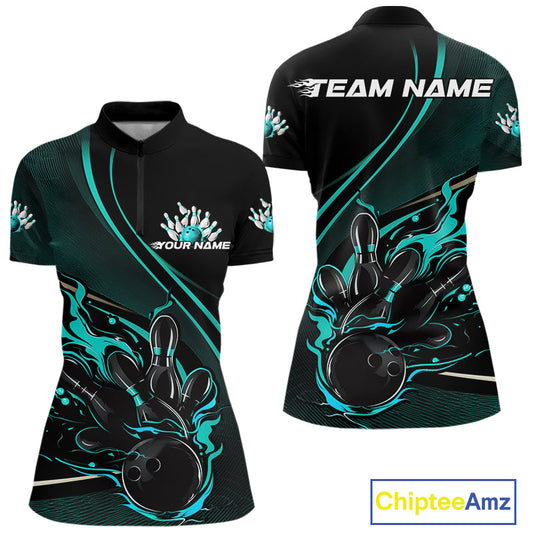 Custom Black And Blue Fire Flame Bowling Team Women Quarter-Zip Shirts, Bowling Jerseys IPHW9419
