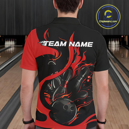 Custom Black And Red Flame Bowling Polo Shirts For Men, Bowling Tournament Team Uniform IPHW9245