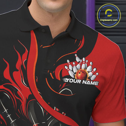 Custom Black And Red Flame Bowling Polo Shirts For Men, Bowling Tournament Team Uniform IPHW9245