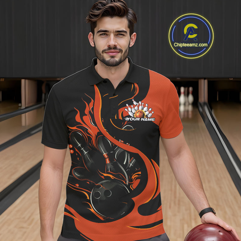 Custom Black And Orange Flame Bowling Polo Shirts For Men, Bowling Tournament Team Uniform IPHW9246